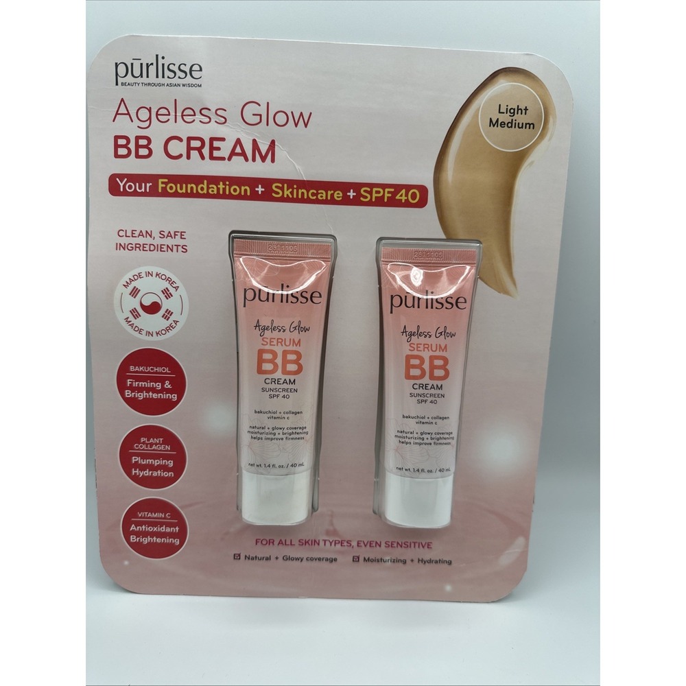 Purlisse Ageless Glow Serum BB Cream SPF 40 Light Medium, 1.4 fl oz - 2 Pack